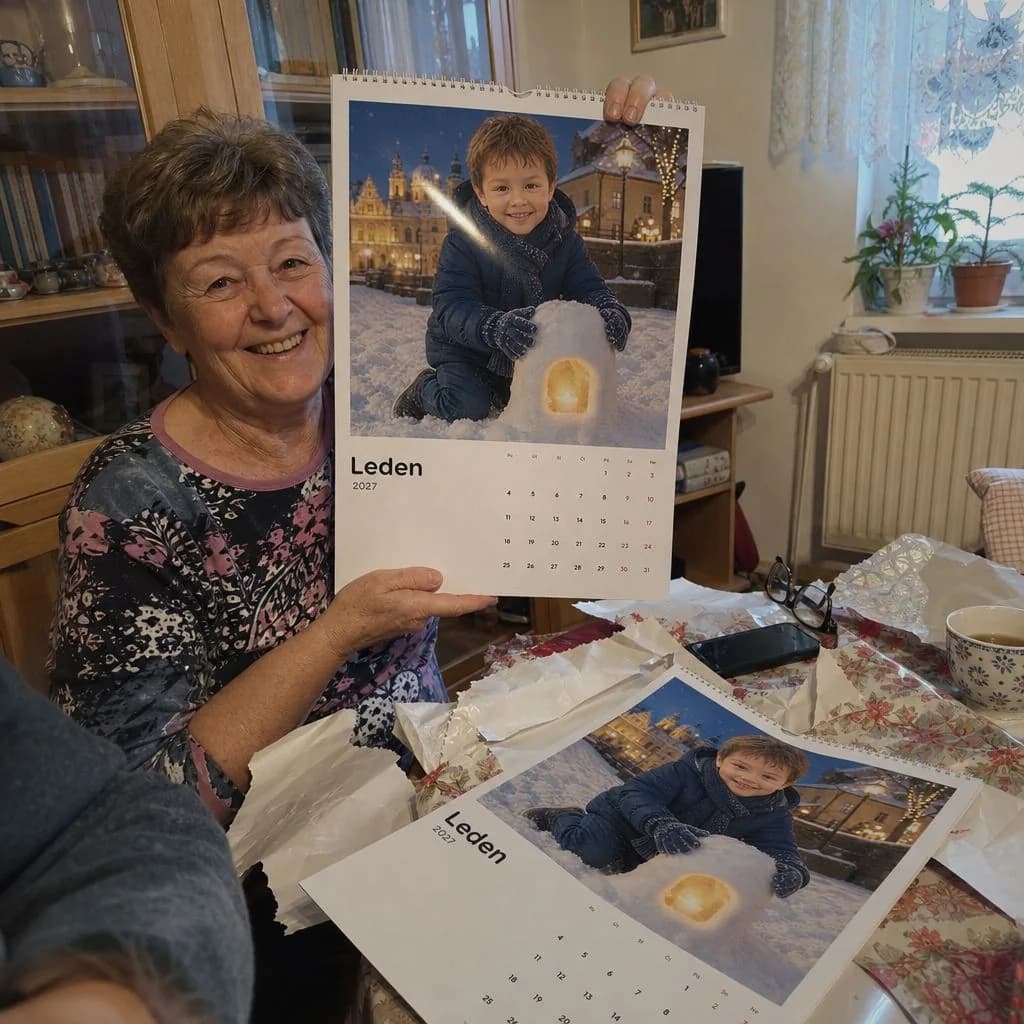 Babička drží personalizovaný kalendář, druhý kus leží na stole