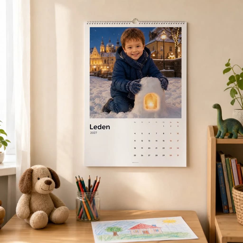 Personalizovaný kalendář, ve kterém hraje hlavní roli Jakub, na stěně dětského pokoje