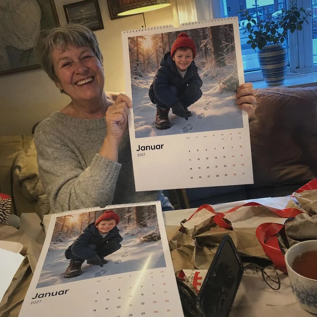 En bedstemor holder en personlig kalender op, med et ekstra eksemplar på bordet