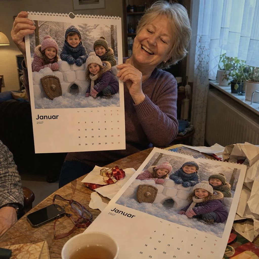 Eine Großmutter hält einen personalisierten Kalender hoch, ein zweites Exemplar liegt auf dem Tisch