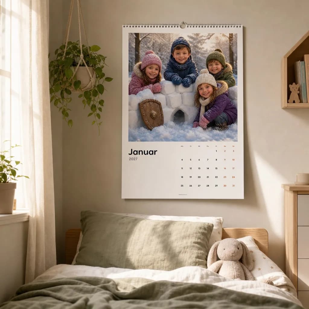 Personalisierter Kalender mit Noah an der Wand eines Kinderzimmers