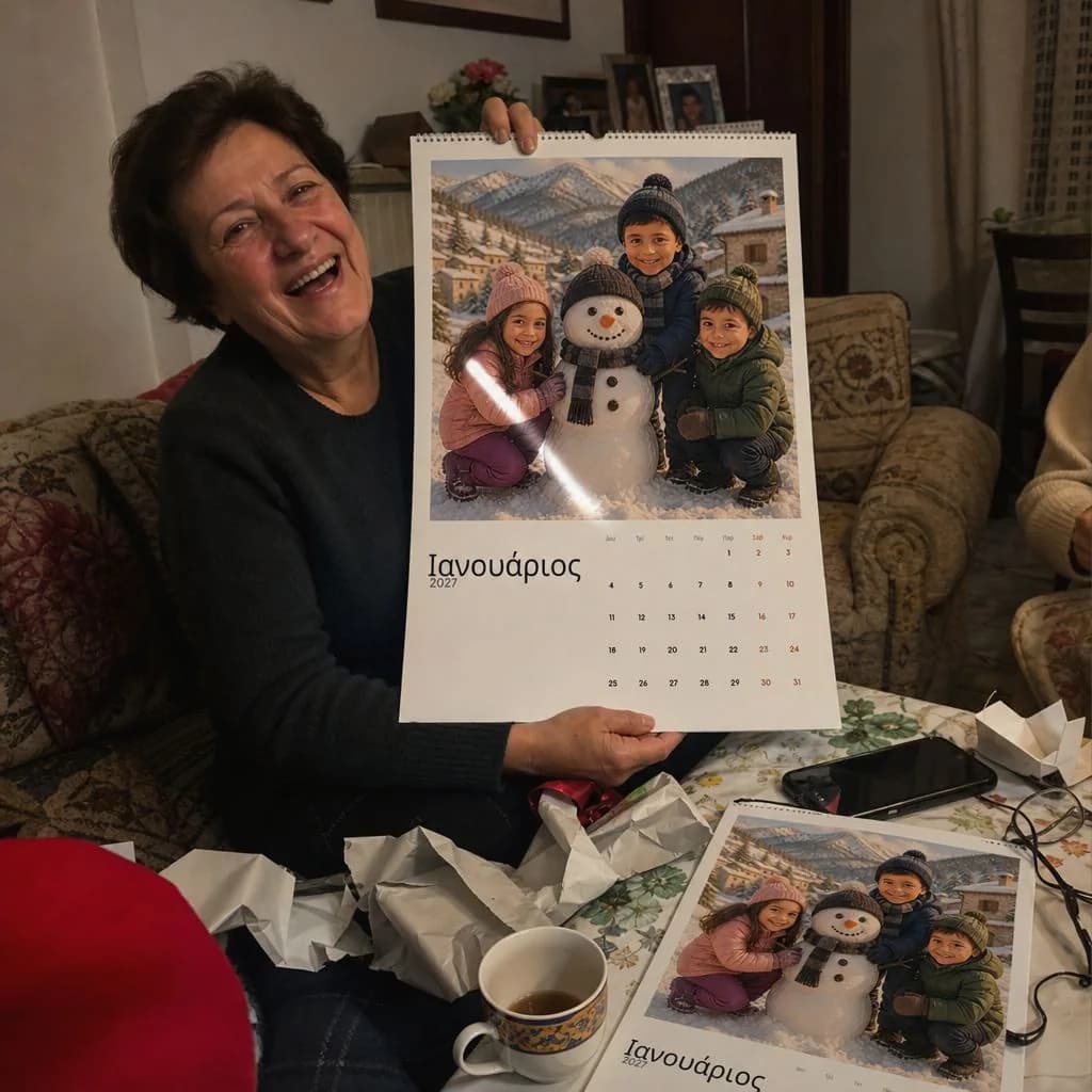 Μια γιαγιά κρατά ένα προσωποποιημένο ημερολόγιο, με ένα δεύτερο αντίτυπο στο τραπέζι