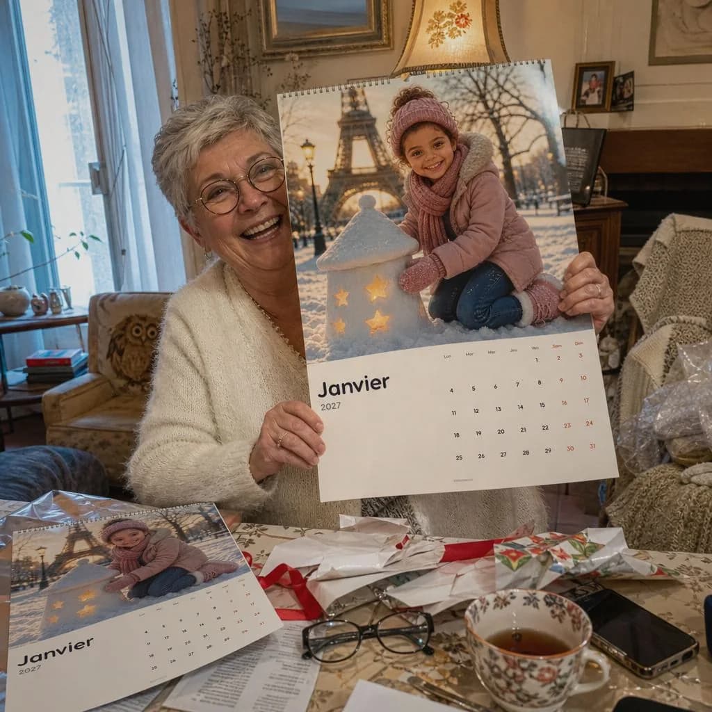 Une grand-mère tient un calendrier personnalisé, un deuxième exemplaire est posé sur la table