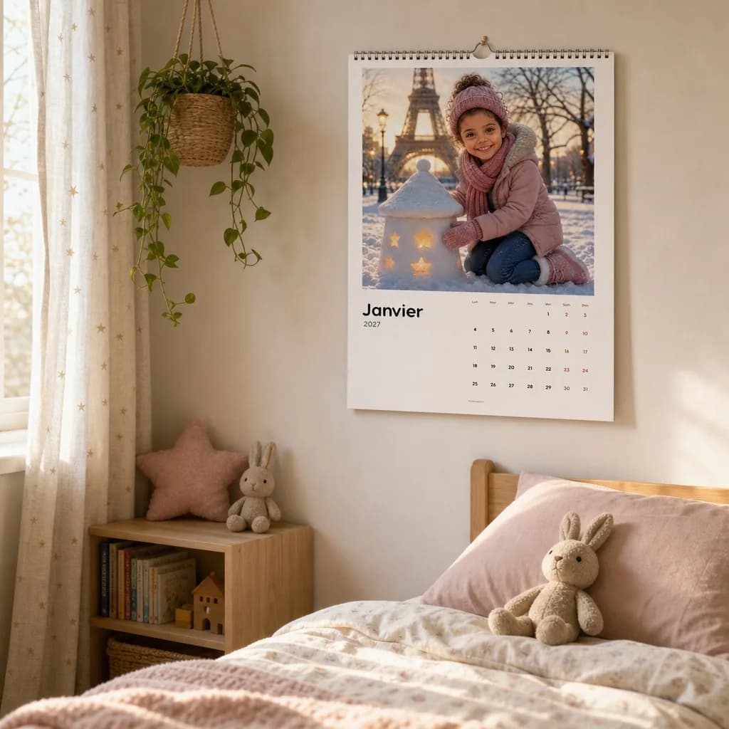 Calendrier personnalisé avec Jade, accroché au mur d'une chambre d'enfant