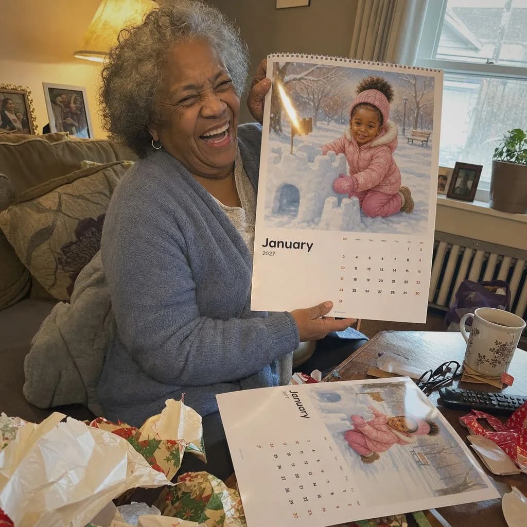 A grandmother holding up a personalized calendar, with a second copy on the table