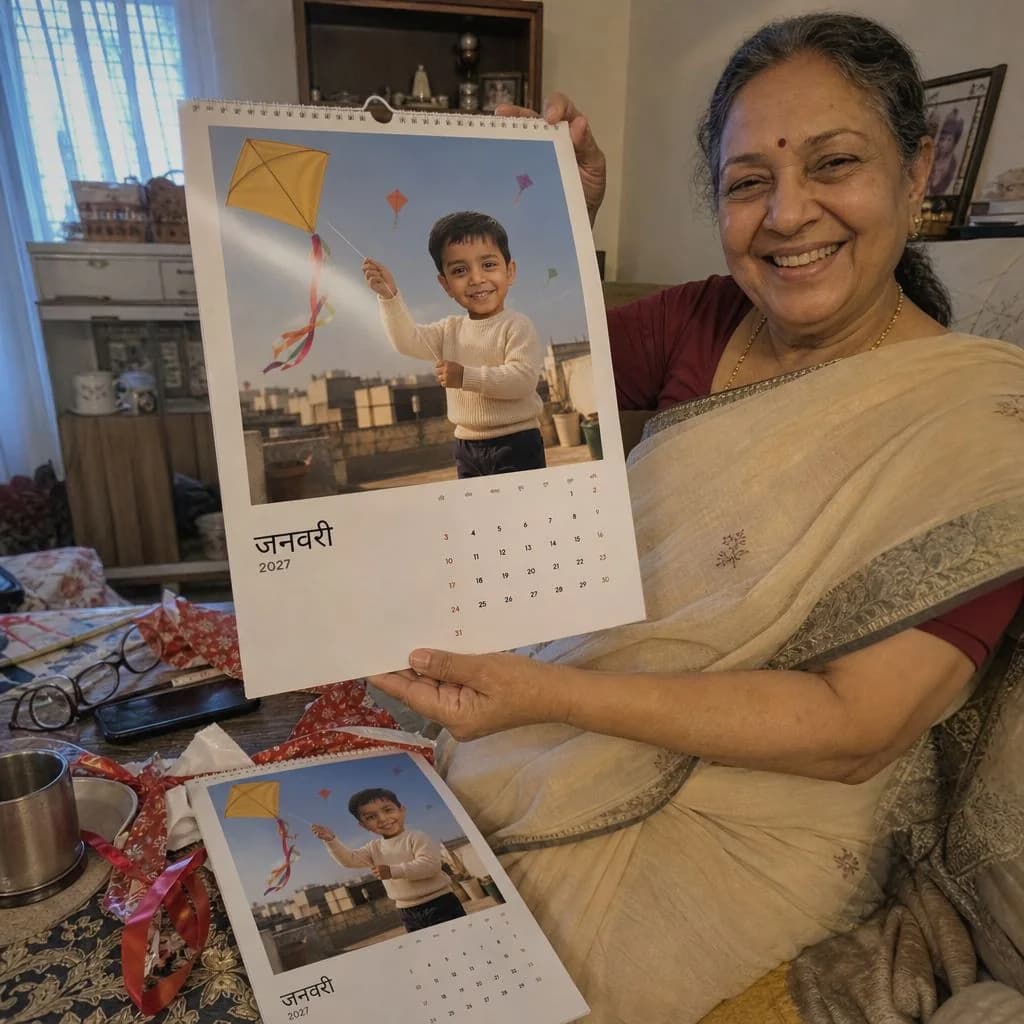 पर्सनलाइज़्ड कैलेंडर थामे दादी, और मेज़ पर रखी दूसरी कॉपी