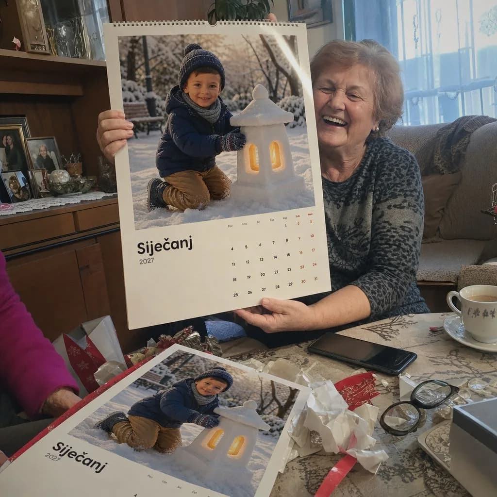 Baka drži personalizirani kalendar, a drugi primjerak leži na stolu