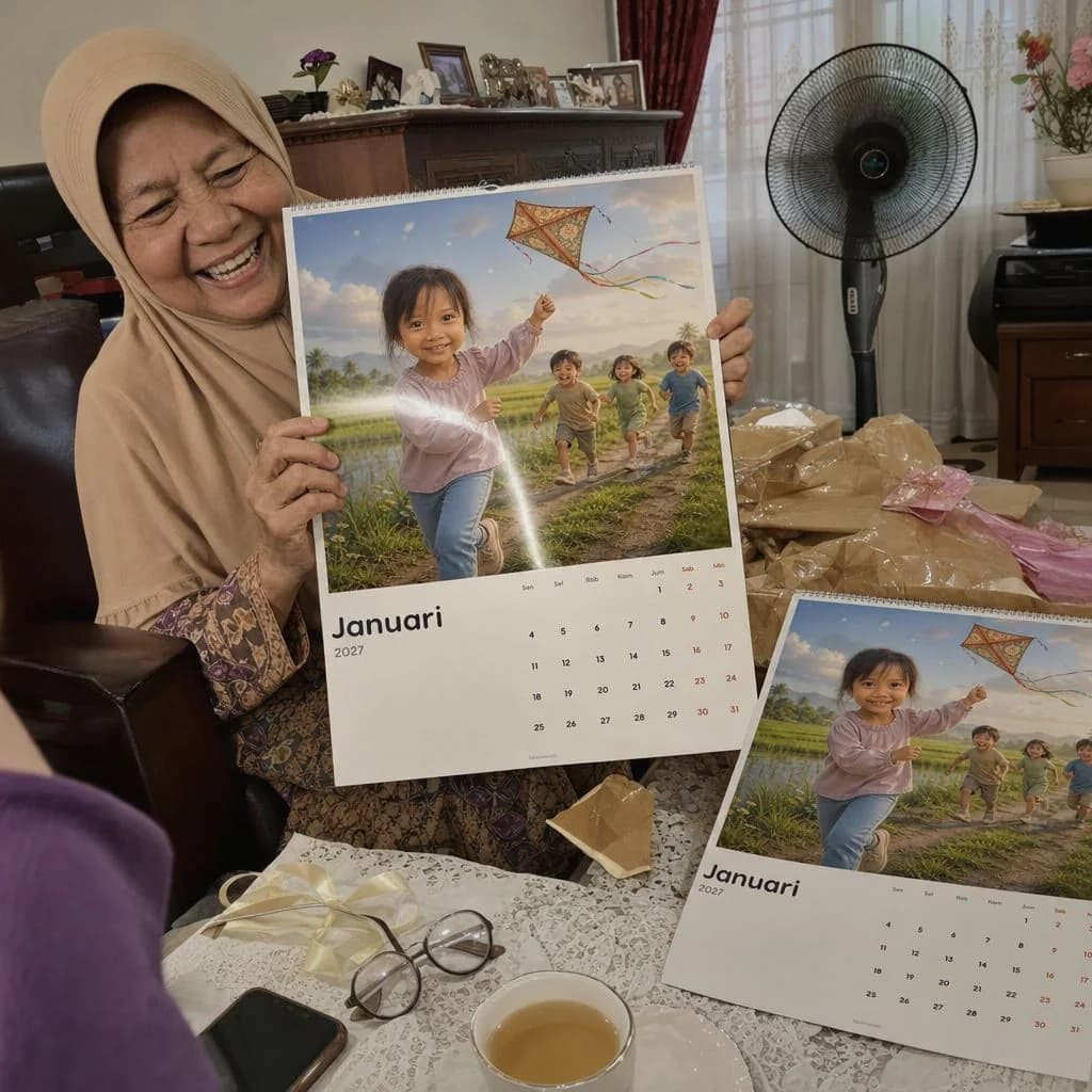 Seorang nenek memegang kalender personal, dengan kalender kedua di atas meja