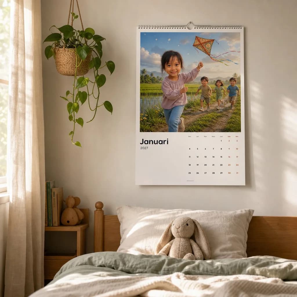 Kalender personal Aisyah tergantung di dinding kamar anak