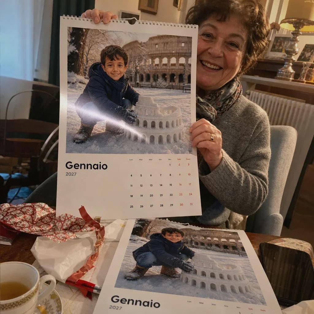Una nonna mostra un calendario personalizzato; una seconda copia è sul tavolo