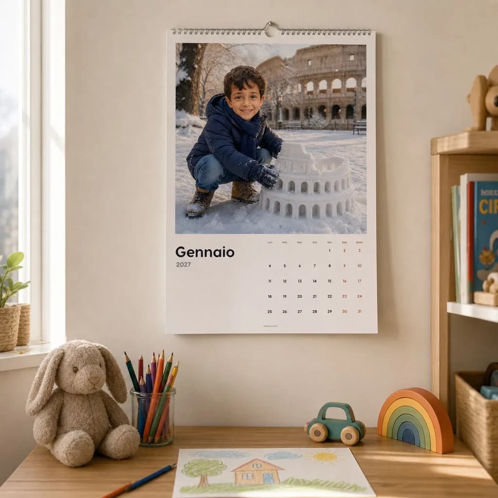 Il calendario personalizzato di Leonardo appeso alla parete di una cameretta