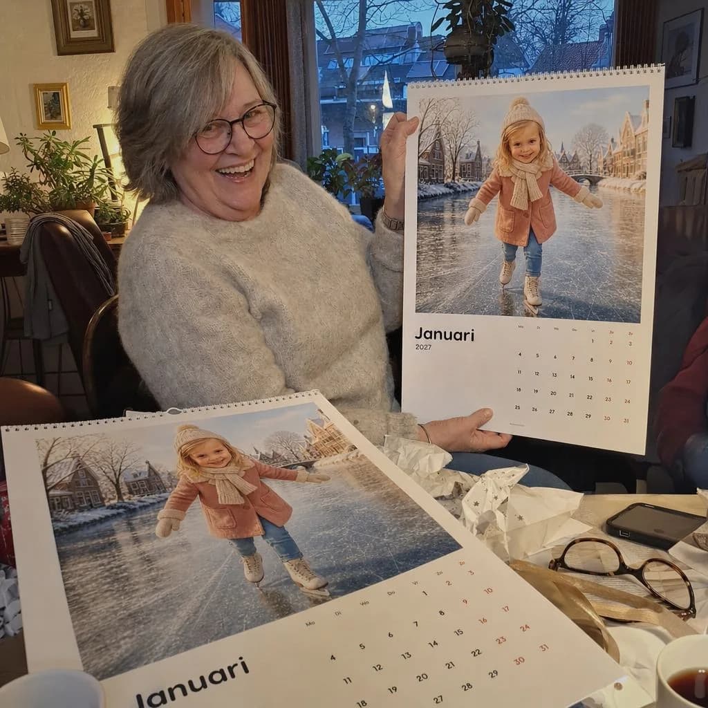 Een oma houdt een persoonlijke kalender omhoog, met een tweede exemplaar op tafel