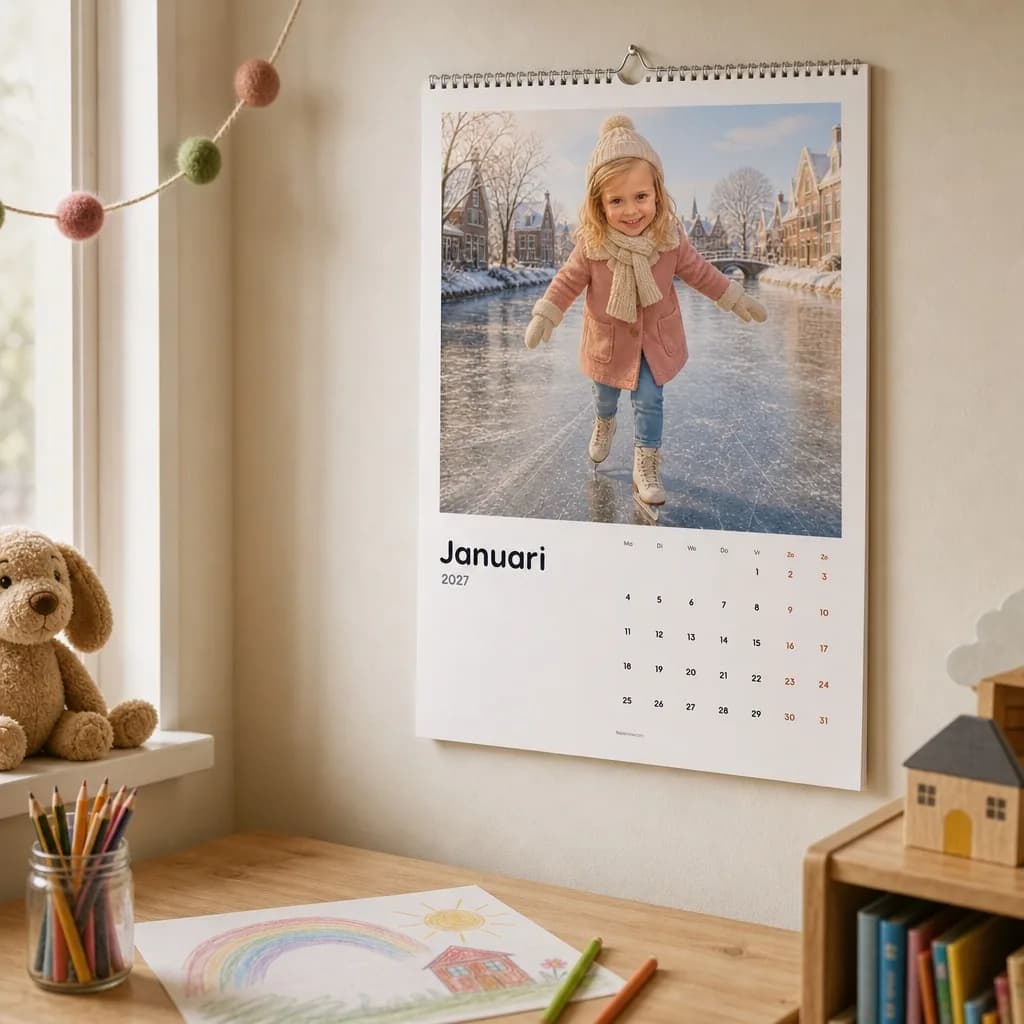De persoonlijke kalender van Julia aan de muur van een kinderkamer