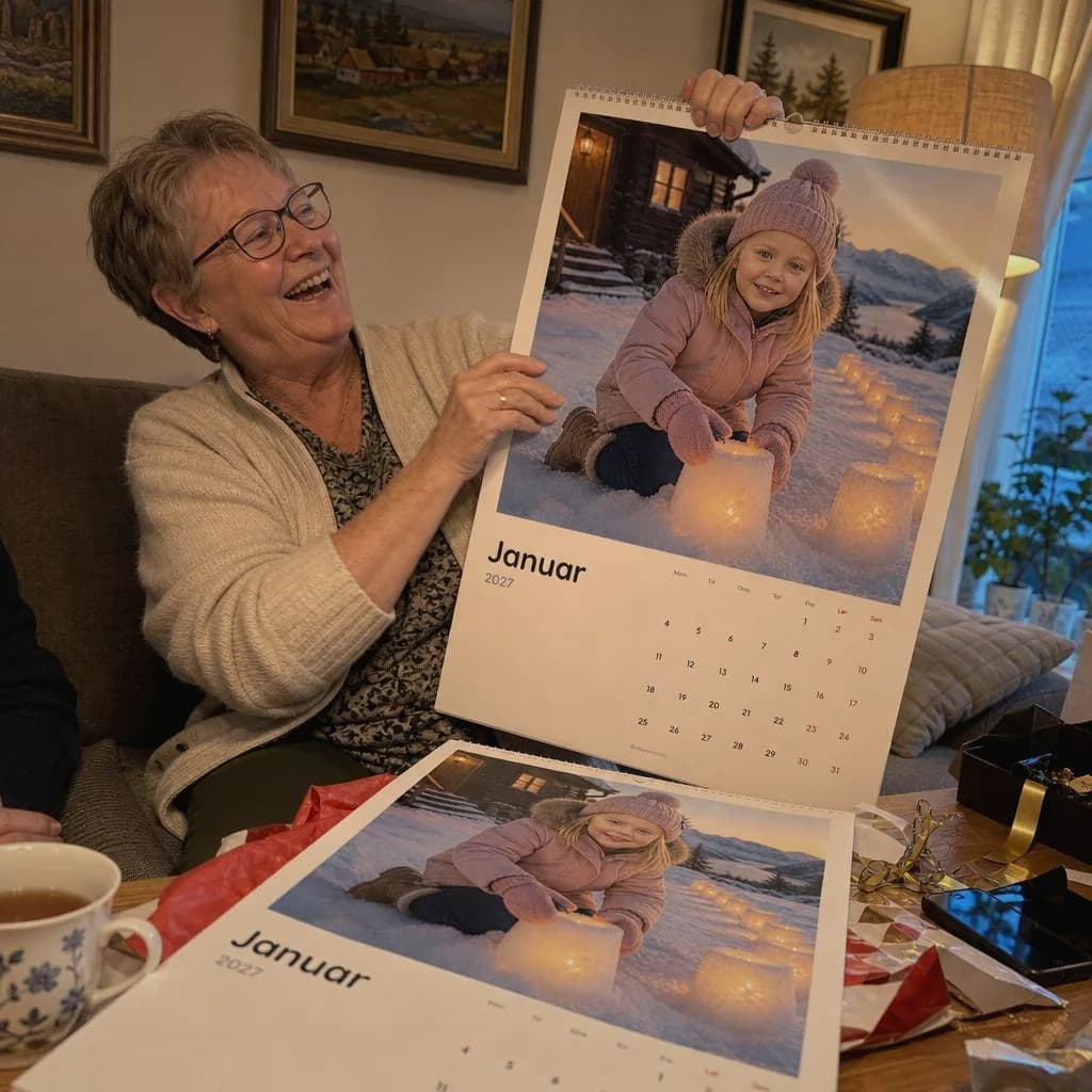 En bestemor holder opp en personlig kalender, med et ekstra eksemplar på bordet