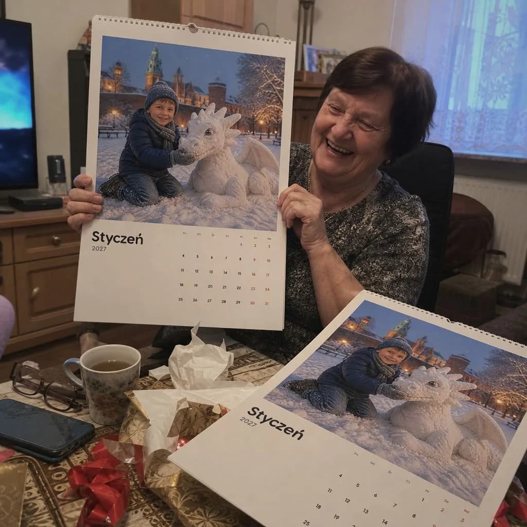 Babcia trzyma personalizowany kalendarz, a drugi egzemplarz leży na stole
