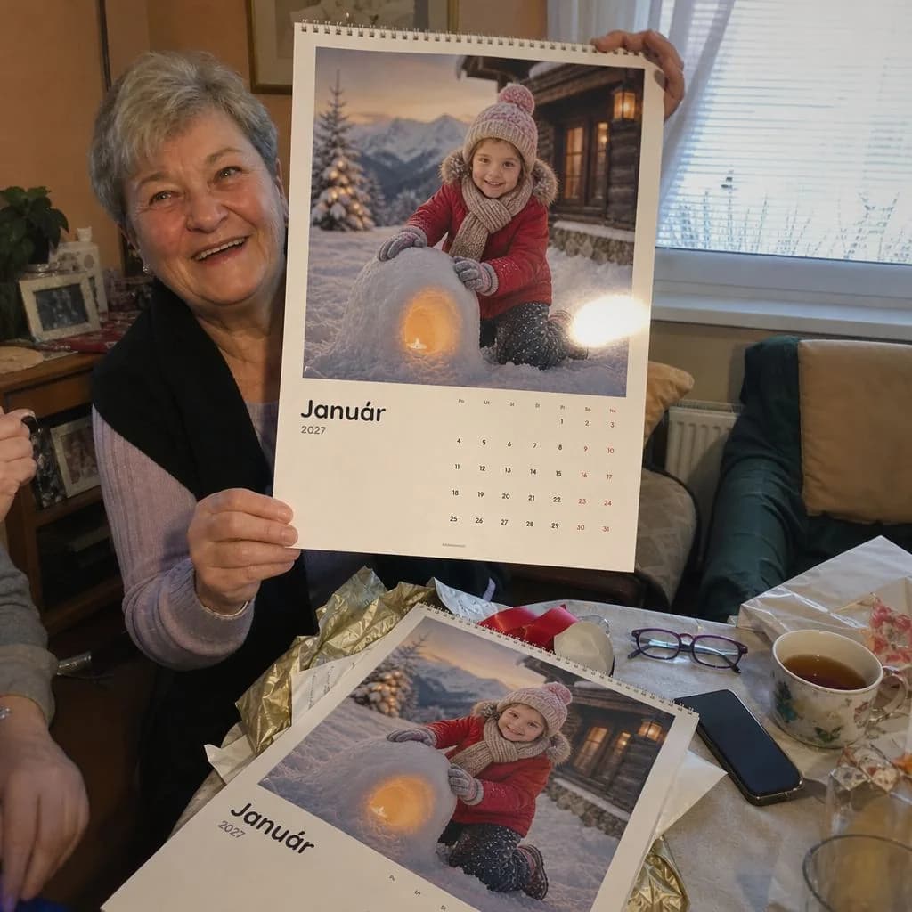 Babka drží personalizovaný kalendár, druhý kus leží na stole
