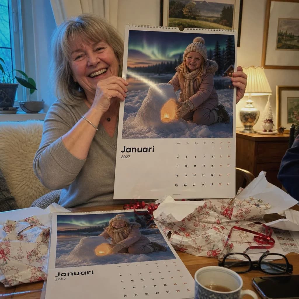 En mormor håller upp en personlig kalender, med ett andra exemplar på bordet