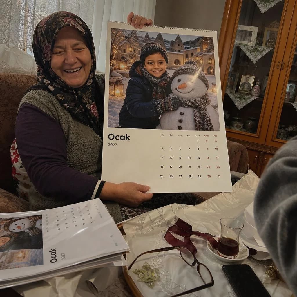 Kişiye özel bir takvimi gösteren büyükanne; masada ikinci bir takvim duruyor
