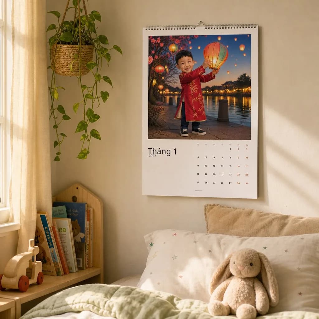 Lịch cá nhân hóa của Minh treo trên tường phòng trẻ em