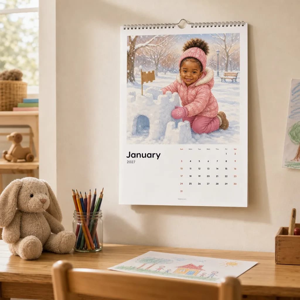Olivia's personalized calendar hanging on a nursery wall