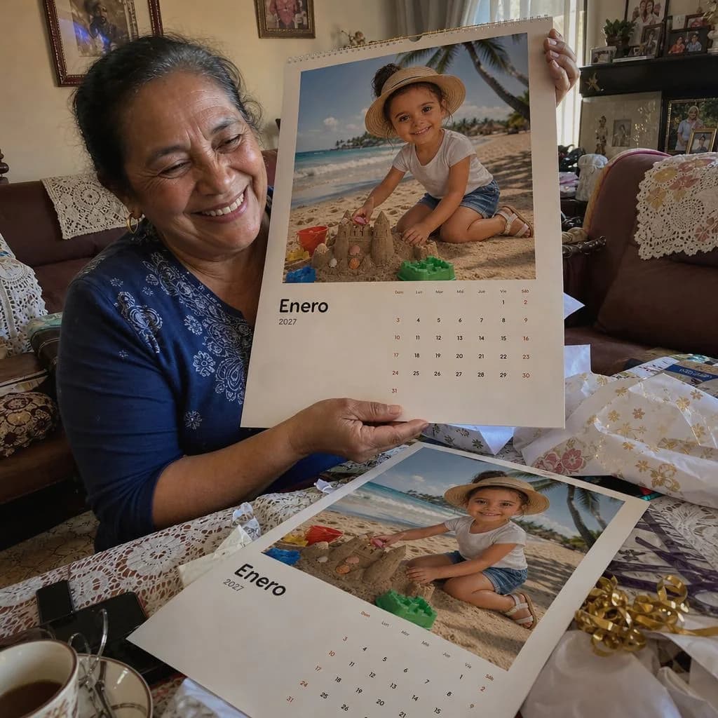 Una abuela sostiene un calendario personalizado; sobre la mesa hay un segundo ejemplar