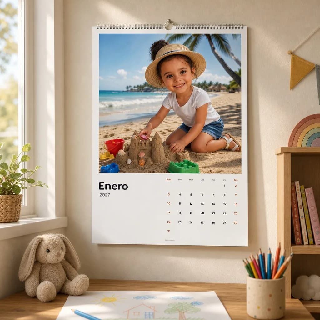 Calendario personalizado de Sofía colgado en la pared de un cuarto infantil