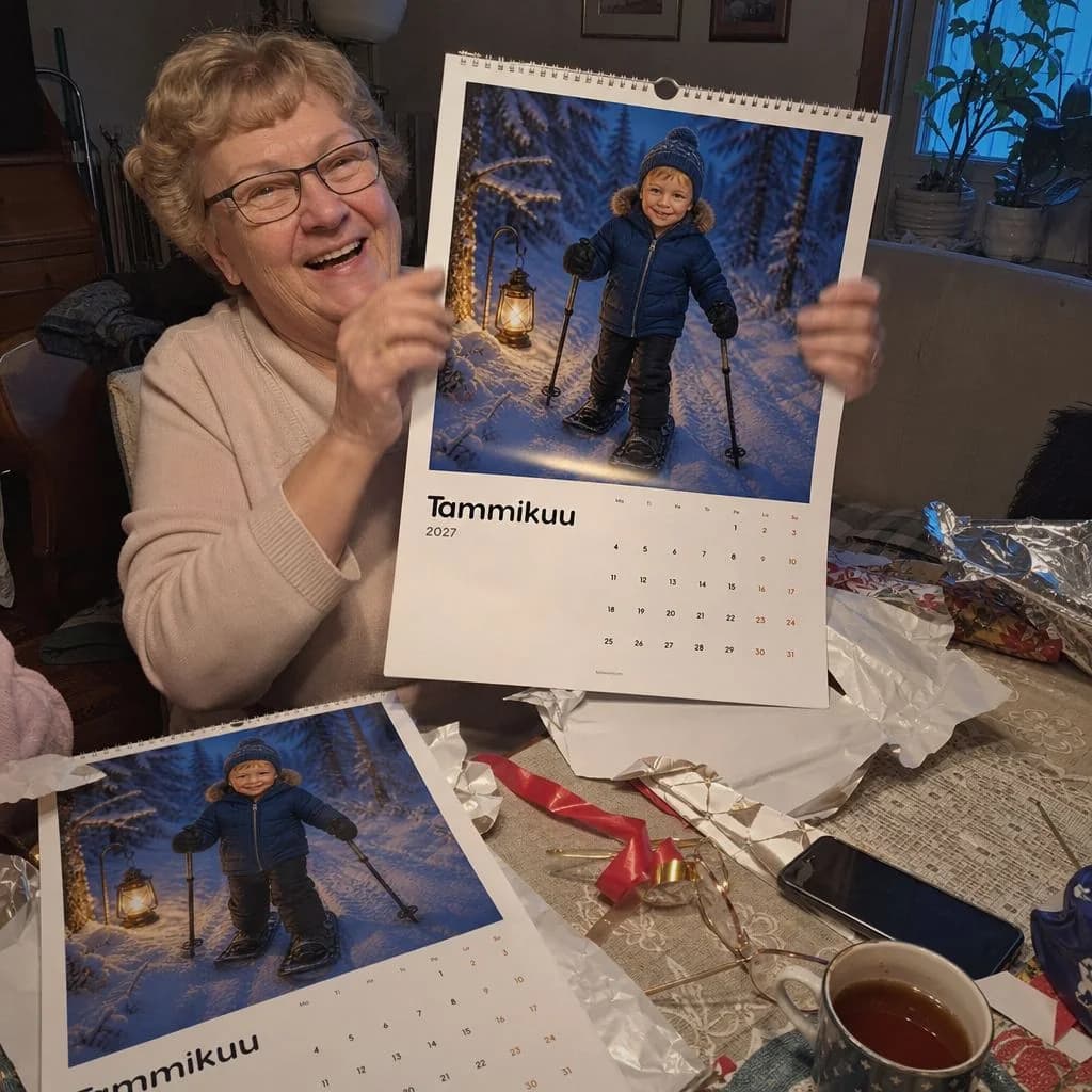 Isoäiti pitelee personoitua kalenteria, ja pöydällä on toinen kappale