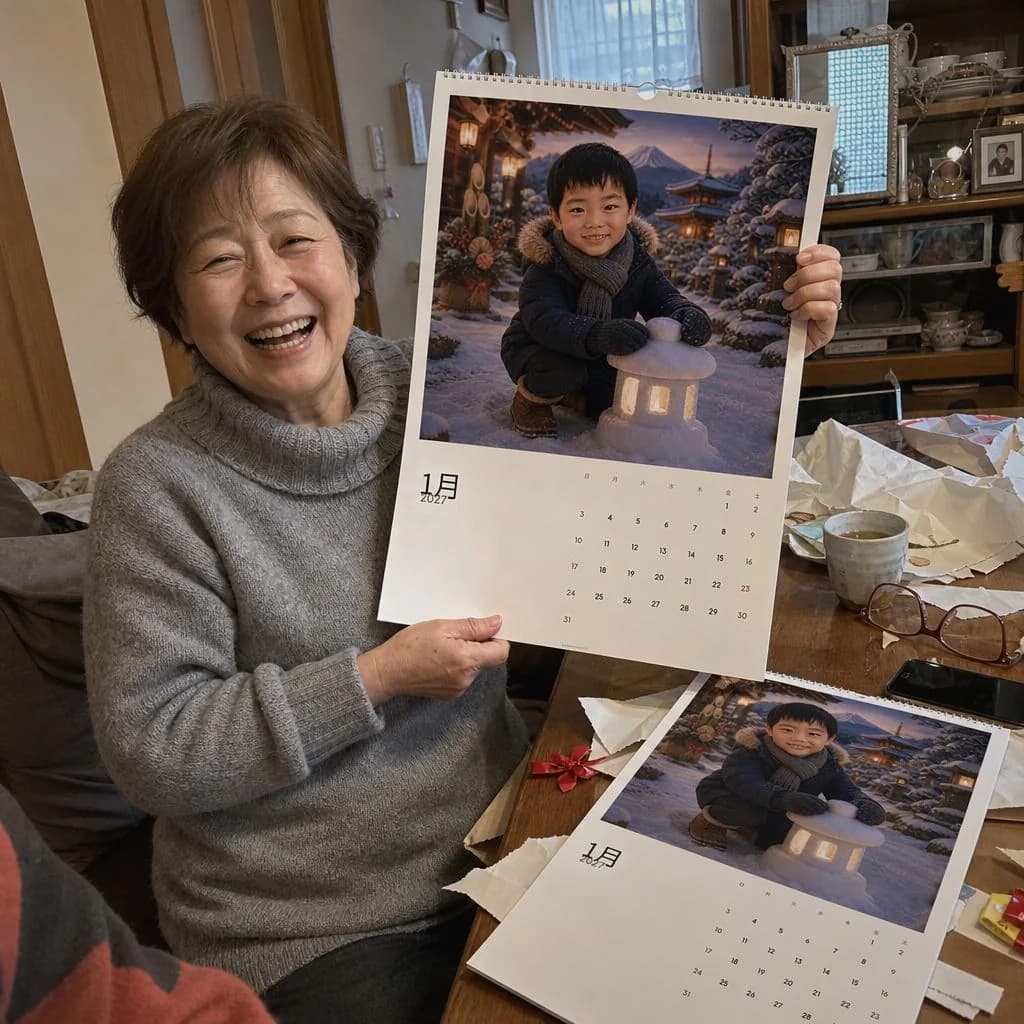 オリジナルカレンダーを手にしたおばあちゃんと、テーブルに置かれたもう1部