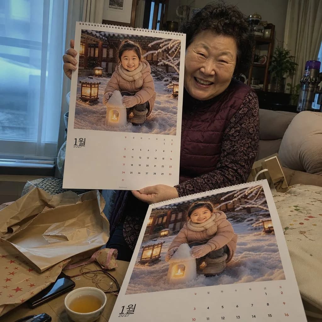맞춤 달력을 들고 있는 할머니와 테이블 위에 놓인 또 한 부
