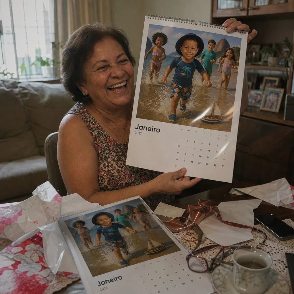 Uma avó segura um calendário personalizado; um segundo exemplar está em cima da mesa