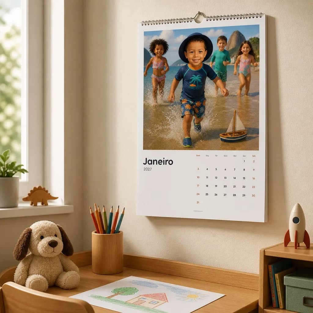 Calendário personalizado de Miguel pendurado na parede de um quarto infantil