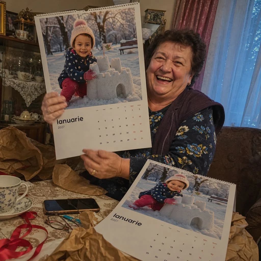 O bunică ține în mână un calendar personalizat, iar un al doilea exemplar stă pe masă