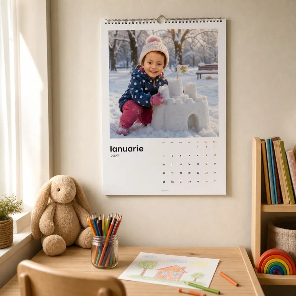 Calendarul personalizat cu Maria, agățat pe peretele camerei copiilor